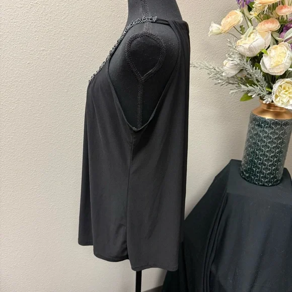 Black Embellished Beaded Scoop Neck Tank Top by Dots Party Chic - Picture 2 of 7